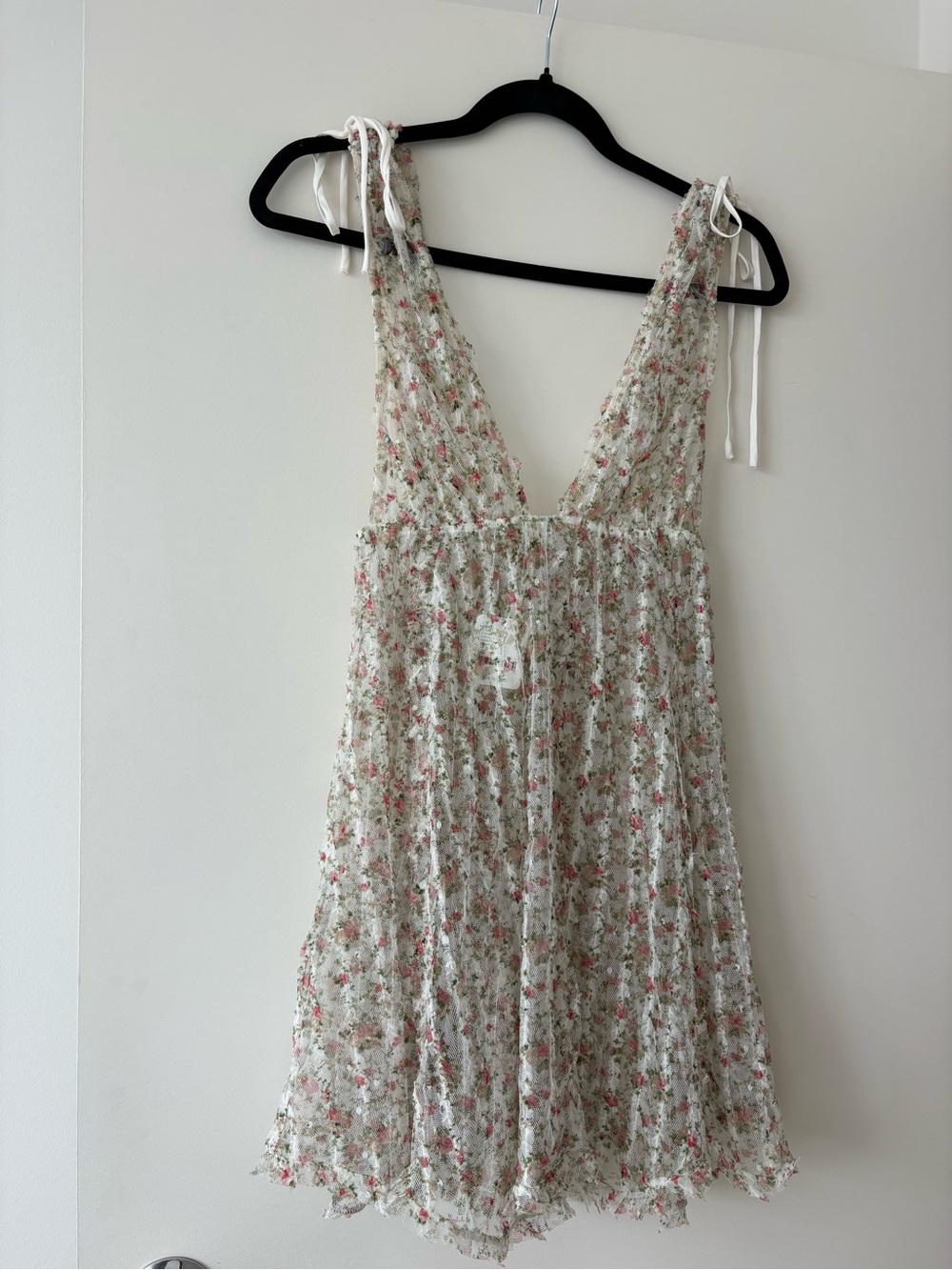 Free People White Mini Dress with Pink & Green Floral Print